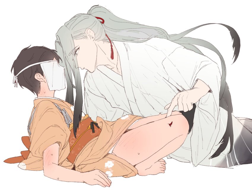 1boy 1girl brown_hair dal-gi faceless faceless_female female_saniwa_(touken_ranbu) flinch green_hair grey_eyes hand_on_another&#039;s_leg hetero highres himetsuru_ichimonji_(touken_ranbu) japanese_clothes kimono long_hair looking_at_another obi obiage obijime orange_kimono saniwa_(touken_ranbu) sash short_hair simple_background sitting touken_ranbu very_long_hair white_background