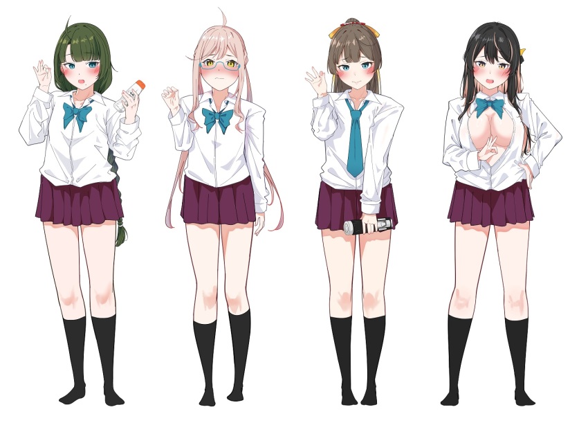 4girls adapted_costume ahoge alternate_costume aqua_bow aqua_bowtie aqua_eyes aqua_necktie black_hair black_socks blonde_hair blue-framed_eyewear blue_eyes bow bowtie braid breasts brown_hair collared_shirt glasses hair_ribbon kantai_collection kazagumo_(kancolle) large_breasts long_hair long_sleeves looking_at_viewer makigumo_(kancolle) miniskirt mole mole_under_mouth multicolored_hair multiple_girls naganami_(kancolle) necktie no_bra open_mouth partially_unbuttoned pink_hair pleated_skirt ponytail purple_skirt ribbon shirt single_braid skirt socks twintails two-tone_hair very_long_hair wavy_hair white_shirt yellow_eyes yungel yuugumo_(kancolle)