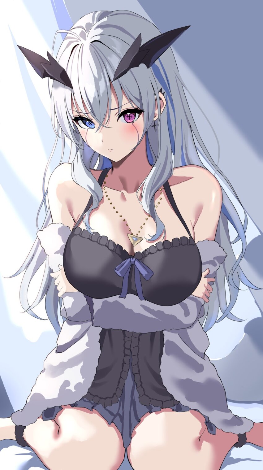 +_+ 1girl arms_under_breasts bare_shoulders black_negligee blue_eyes blue_ribbon blush breasts cleavage collarbone crossed_arms curtains dress embarrassed grey_hair hair_between_eyes hair_ornament heterochromia highres jewelry large_breasts lingerie long_hair miniskirt necklace negligee neo-porte off-shoulder_dress off_shoulder piercing pink_eyes ribbon sidelocks sitting skirt solo tentei_forte underwear uuroncha virtual_youtuber wariza