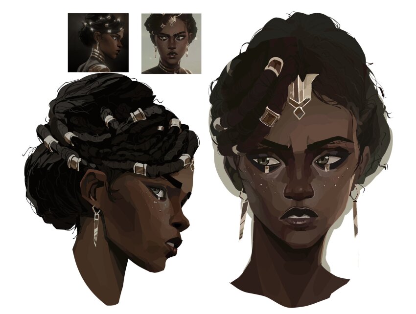 1girl arcane:_league_of_legends armor art_study bags_under_eyes commentary dark-skinned_female dark_skin dreadlocks earrings english_commentary furrowed_brow glitter glitter_makeup gold_armor gold_earrings highres jewelry kaligraphy league_of_legends lips makeup mel_medarda parted_lips portrait screenshot_inset style_study very_dark_skin white_background