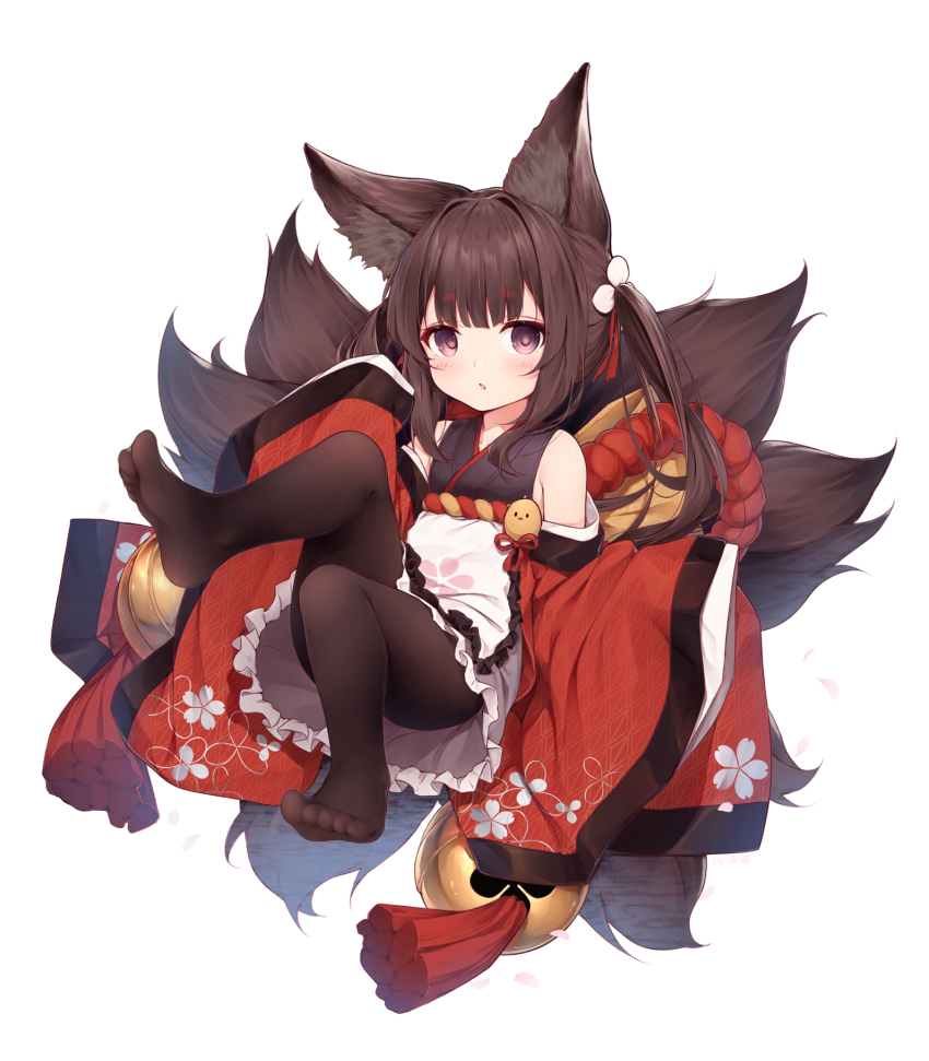 1girl amagi-chan_(azur_lane) animal_ears azur_lane bare_shoulders blush brown_hair curious dress floral_print flower fox_ears fox_girl fox_tail full_body hair_between_eyes hair_flower hair_ornament hands_up highres japanese_clothes kimono kitsune leg_up long_hair looking_at_viewer multiple_tails no_panties pantyhose parted_lips purple_eyes red_kimono shenhai_(2556146833) simple_background sitting sleeveless sleeveless_dress solo staring tail twintails very_long_hair white_background white_flower