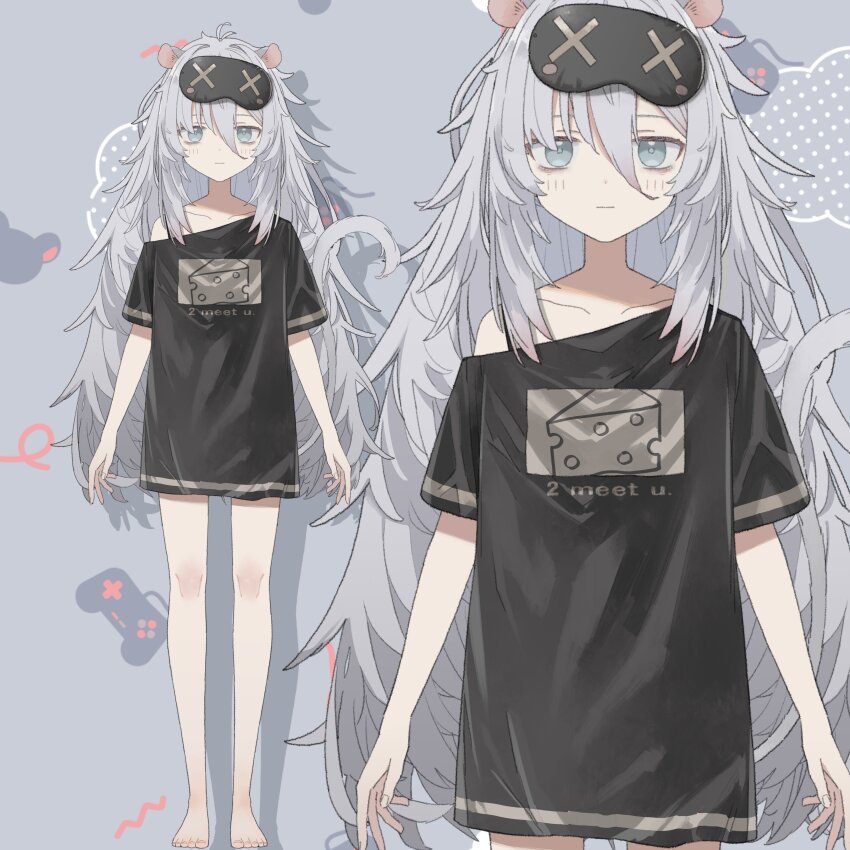 absurdres animal_ears bare_legs barefoot black_bra black_shirt bra cheese_print choppy_bangs clauvio_(vtuber) full_body grey_background grey_hair hair_between_eyes highres indie_virtual_youtuber long_hair messy_hair mouse_ears mouse_girl mouse_tail official_art omochi_chowder oversized_clothes oversized_shirt second-party_source shirt sidelocks sleep_mask standing tail underwear virtual_youtuber