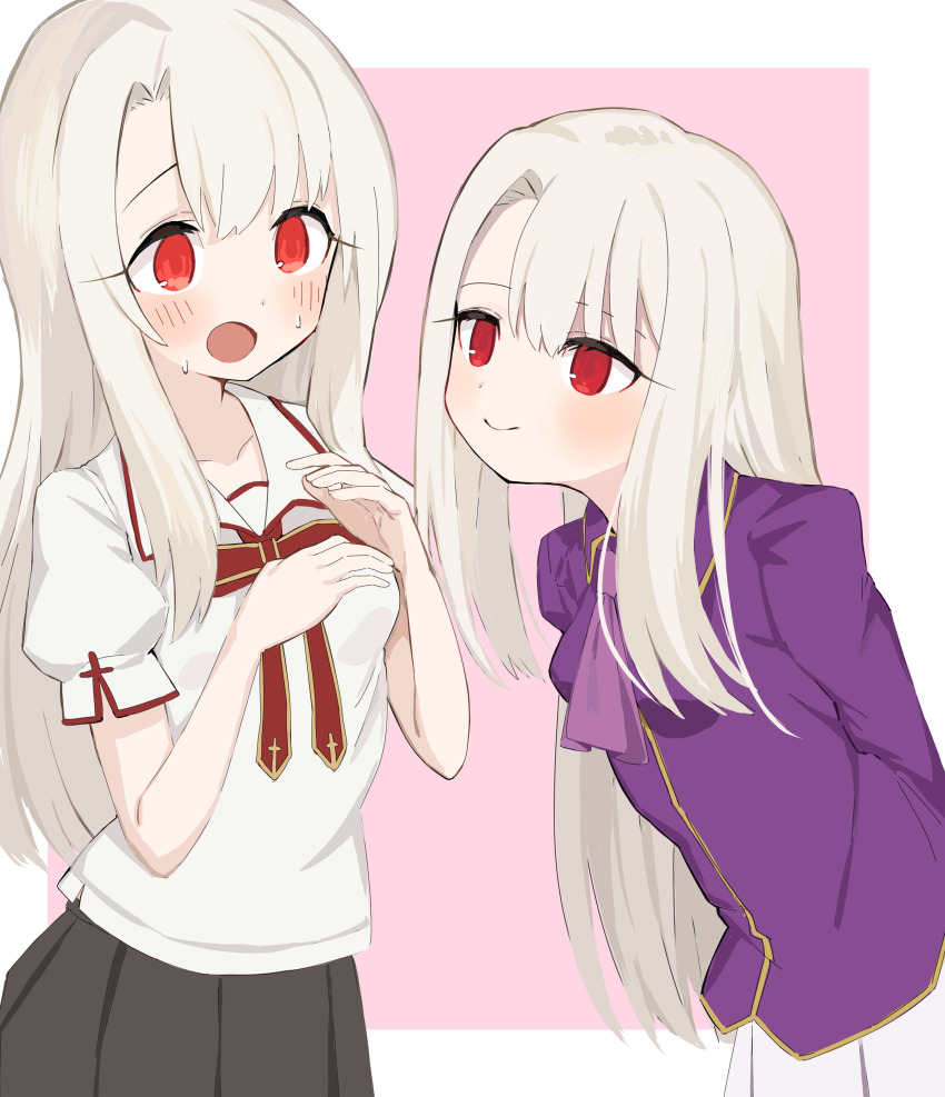 2girls absurdres alternate_universe bfmelu black_skirt blush bow bowtie fate/kaleid_liner_prisma_illya fate/stay_night fate_(series) highres illyasviel_von_einzbern long_hair multiple_girls pink_background purple_bow purple_bowtie purple_shirt red_eyes school_uniform shirt skirt white_background white_hair white_shirt white_skirt