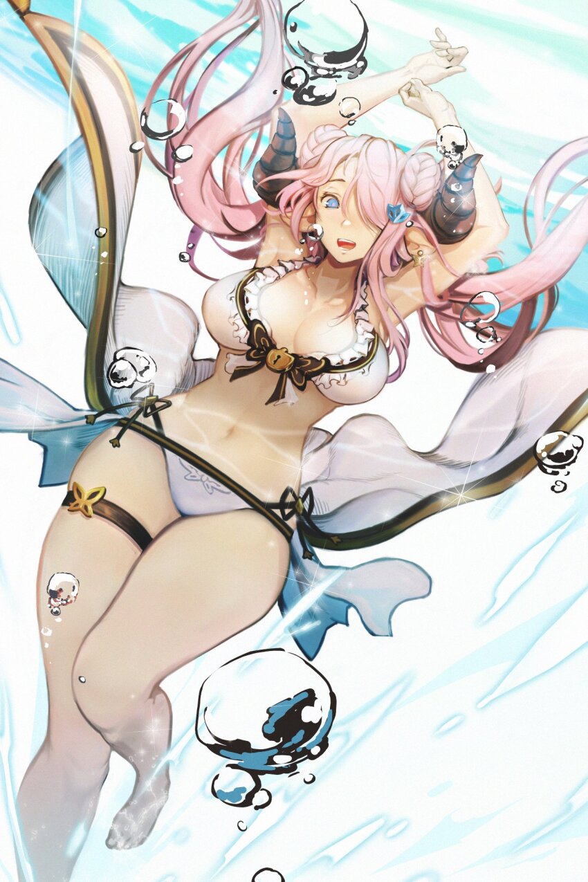 1girl animal_print armpits arms_up babyg_wong bikini bikini_ribbon blue_eyes braid braided_bun breasts bubble butterfly_earrings butterfly_print double_bun draph earrings floating_hair frilled_bikini frills granblue_fantasy granblue_fantasy_versus hair_bun hair_ornament hair_over_one_eye highres horns jewelry large_breasts lock long_hair narmaya_(granblue_fantasy) narmaya_(summer)_(granblue_fantasy) official_alternate_costume open_mouth pink_hair pointy_ears ribbon sarong showgirl_skirt side-tie_bikini_bottom simple_background smile solo swimsuit thigh_strap water white_bikini