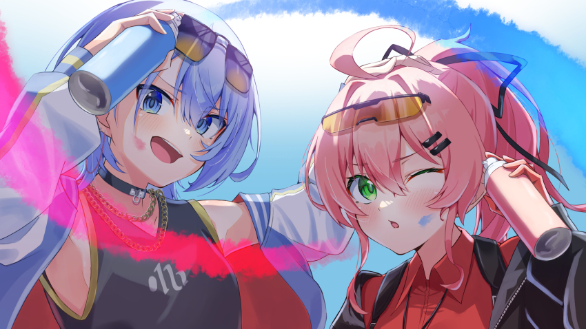 ahoge blue_eyes blue_hair green_eyes highres hololive hoshimachi_suisei kamkampan pink_hair sakura_miko spray_can star_(symbol) star_in_eye sunglasses symbol_in_eye virtual_youtuber