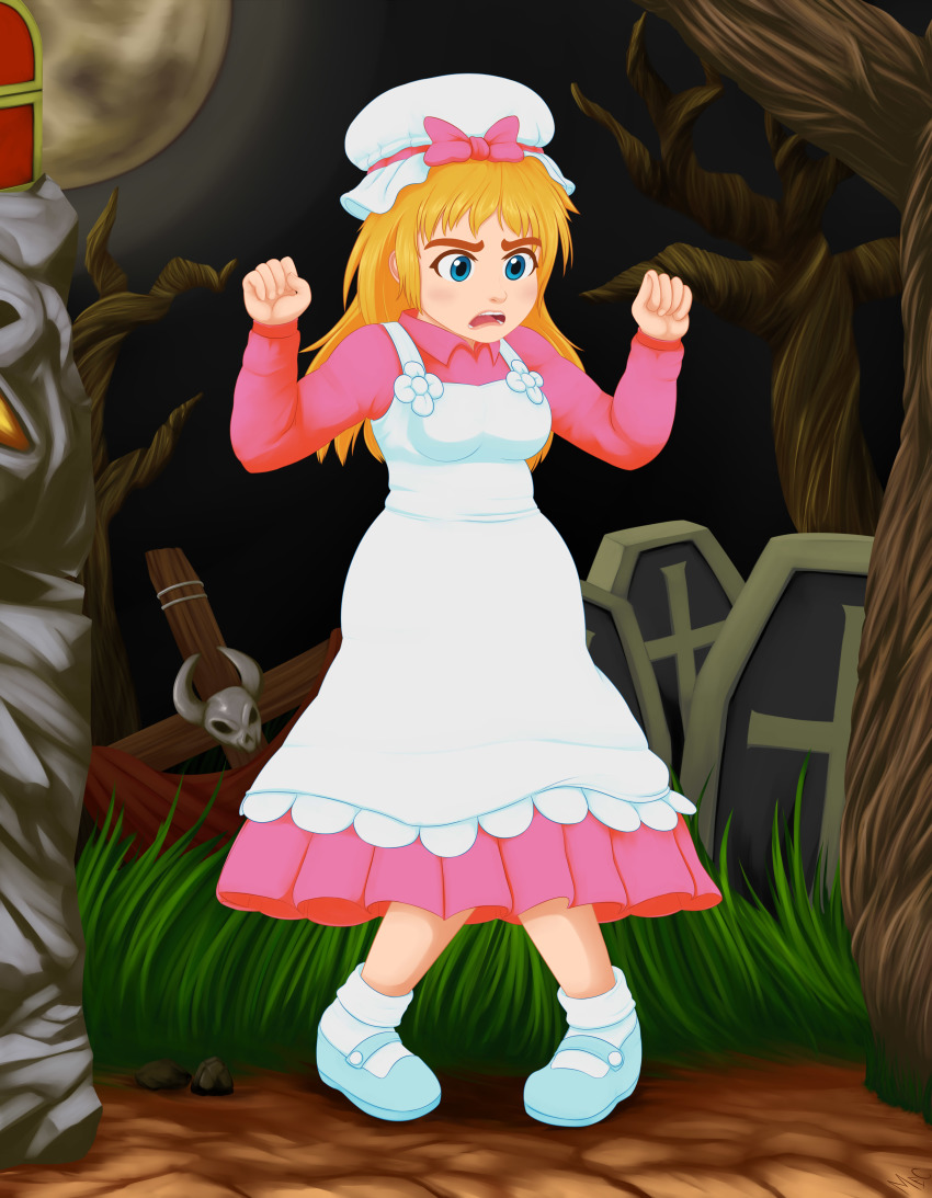 1boy absurdres blonde_hair blue_eyes breasts capcom dress full_body grass graveyard hand_up hat highres long_hair makaimura moon night night_sky open_mouth pink_dress shoes short_hair sir_arthur_(makaimura) skull sky standing super_ghouls_&#039;n_ghosts surprised tombstone trap tree