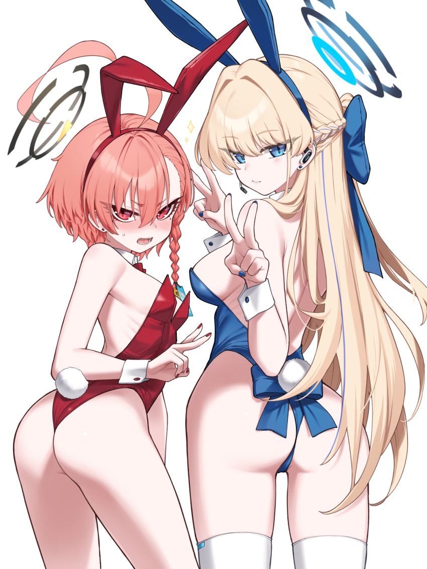 2girls ahoge alphy animal_ears ass asymmetrical_bangs bare_shoulders blonde_hair blue_archive blue_eyes blue_leotard blush bow bowtie braid breasts detached_collar earpiece fake_animal_ears halo highleg highleg_leotard highres huge_ahoge leotard long_hair looking_at_viewer looking_back medium_breasts mole mole_under_eye multiple_girls neru_(blue_archive) neru_(bunny)_(blue_archive) open_mouth orange_hair oversized_breast_cup playboy_bunny rabbit_ears rabbit_tail red_eyes red_leotard short_hair side_braid small_breasts tag tail textless_version thighhighs thighs toki_(blue_archive) toki_(bunny)_(blue_archive) white_thighhighs wrist_cuffs