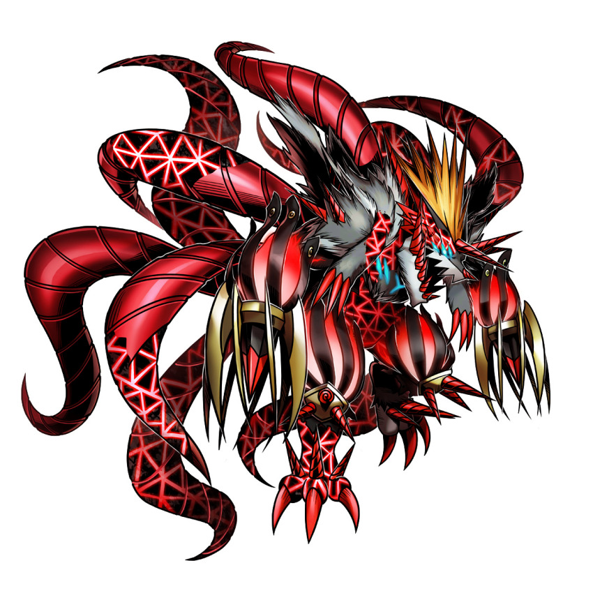 1boy digimon digimon_(creature) drill highres male_focus multiple_tails rasenmon_fury_mode rasenmon_fury_mode_(anniversary_ver.) sharp_teeth simple_background solo tail teeth white_background