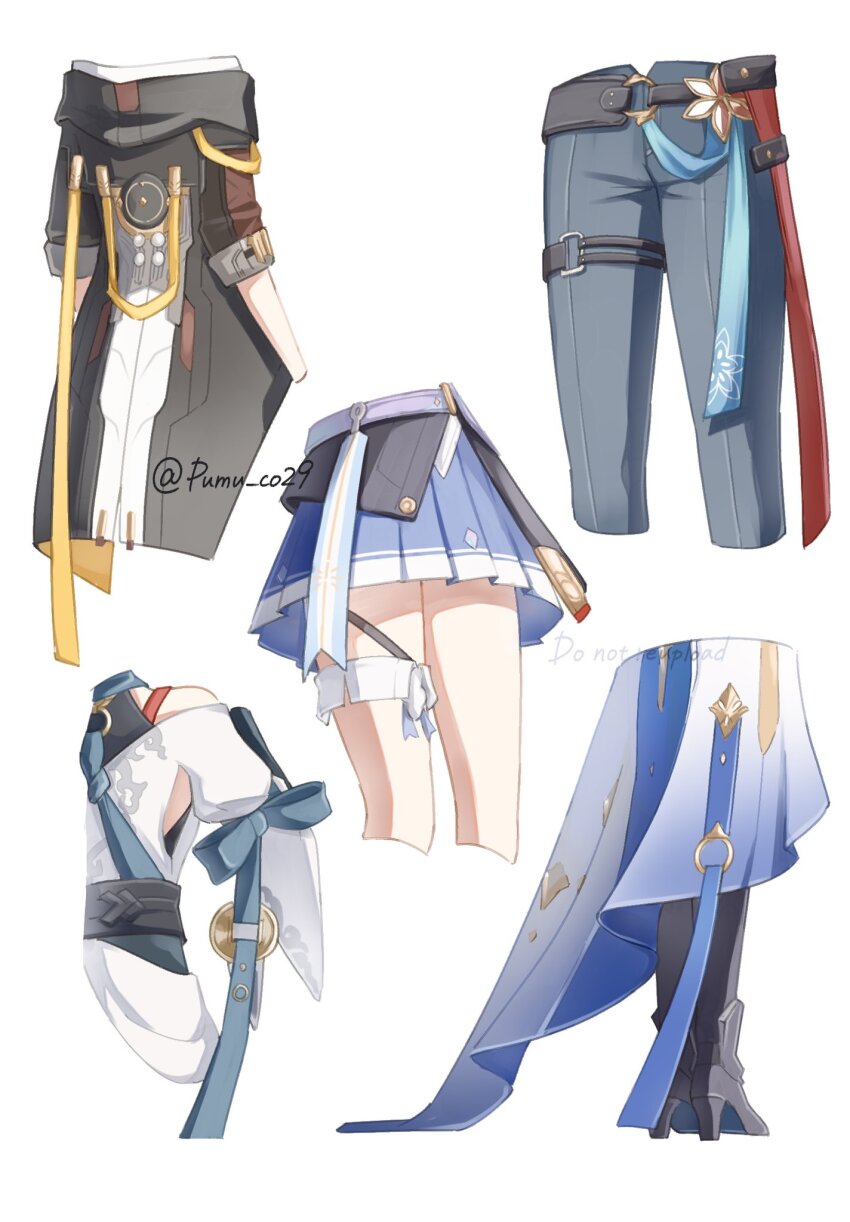 1boy 4girls armpit_cutout bare_shoulders black_jacket blue_skirt bronya_rand clothing_cutout grey_footwear grey_pants high_heels highres honkai:_star_rail honkai_(series) jacket jiaoqiu_(honkai:_star_rail) march_7th_(honkai:_star_rail) march_7th_(preservation)_(honkai:_star_rail) miniskirt multiple_girls pants pleated_skirt pumu_(pumu_co29) short_sleeves simple_background skirt stelle_(honkai:_star_rail) thigh_strap trailblazer_(honkai:_star_rail) white_background xueyi_(honkai:_star_rail)