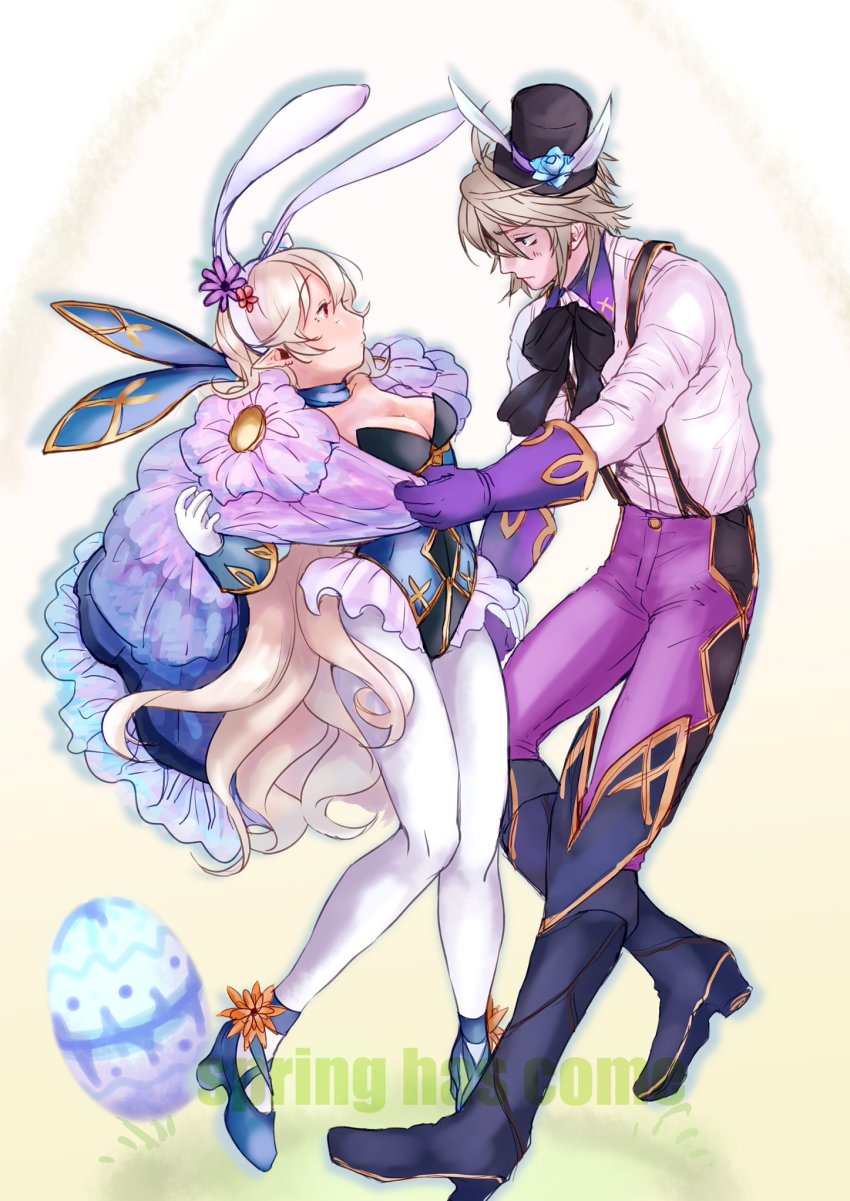 1boy 1girl animal_ears blonde_hair blush corrin_(female)_(fire_emblem) corrin_(fire_emblem) dwyer_(fire_emblem) fake_animal_ears fire_emblem fire_emblem_fates fire_emblem_heroes flower hair_flower hair_ornament highres leotard long_hair long_sleeves misokatsuhaumai nintendo pantyhose playboy_bunny pointy_ears rabbit_ears rabbit_girl rabbit_tail tail thighhighs