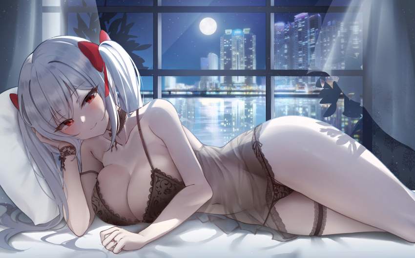 1girl backlighting bare_arms bare_shoulders biya_(1024) black_choker black_panties bow breasts chemise choker cleavage full_moon groin hair_bow highres indoors large_breasts lingerie long_hair looking_at_viewer lying moon navel night on_bed on_side original panties pillow red_eyes see-through_clothes smile solo spaghetti_strap strap_slip string_panties thigh_strap thighs twintails underwear underwear_only white_hair window wristband