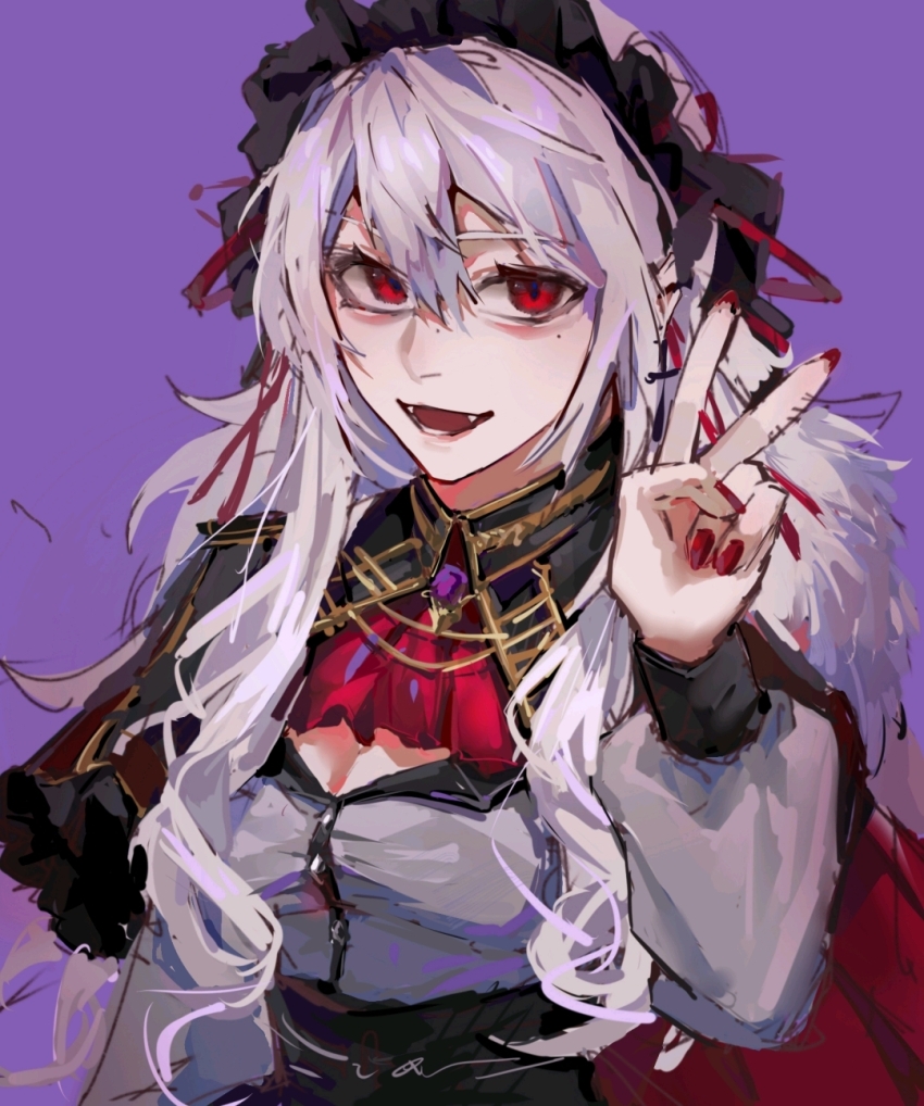 1girl ascot black_capelet capelet chinese_commentary commentary_request fangs genderswap genderswap_(mtf) gold_trim grey_shirt hair_between_eyes highres iuew kuzuha_(nijisanji) long_hair long_sleeves maid_headdress mole mole_on_nose mole_under_eye multiple_moles nijisanji open_mouth purple_background red_ascot red_eyes red_nails sanya_(kuzuha) shirt simple_background sketch smile solo upper_body v virtual_youtuber white_hair