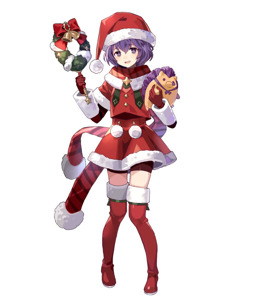 1girl bernadetta_von_varley boots fire_emblem fire_emblem:_three_houses fire_emblem_heroes full_body fur_trim gloves hat highres holding long_sleeves looking_at_viewer miniskirt nintendo official_art pom_pom_(clothes) purple_eyes purple_hair red_footwear red_gloves red_skirt santa_hat short_hair shorts skirt thigh_boots thighhighs tobi_(kotetsu) transparent_background