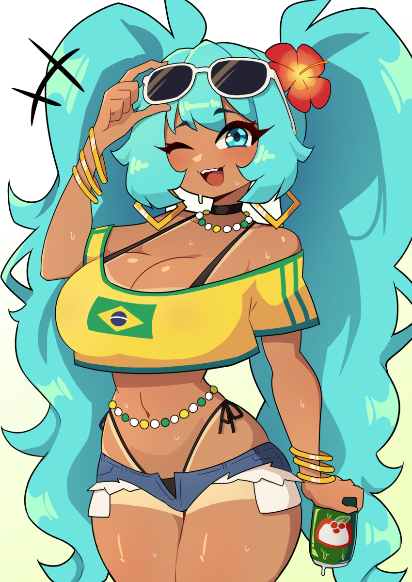 1girl :3 absurdres aqua_eyes aqua_hair bead_choker belly_chain bracelet brazil brazilian_flag brazilian_flag_print brazilian_miku breasts can cleavage collarbone commentary crop_top daigada earrings english_commentary eyewear_on_head fangs flower gold_earrings gradient_background green_trim guarana_antarctica hair_flower hair_ornament hatsune_miku highres holding holding_can jewelry large_breasts long_hair looking_at_viewer multiple_bracelets one_eye_closed open_mouth rectangular_earrings red_flower shirt shorts_tan solo sunglasses tan tanline tanline_peek teeth thighs twintails upper_teeth_only very_long_hair vocaloid white_background yellow_background yellow_shirt