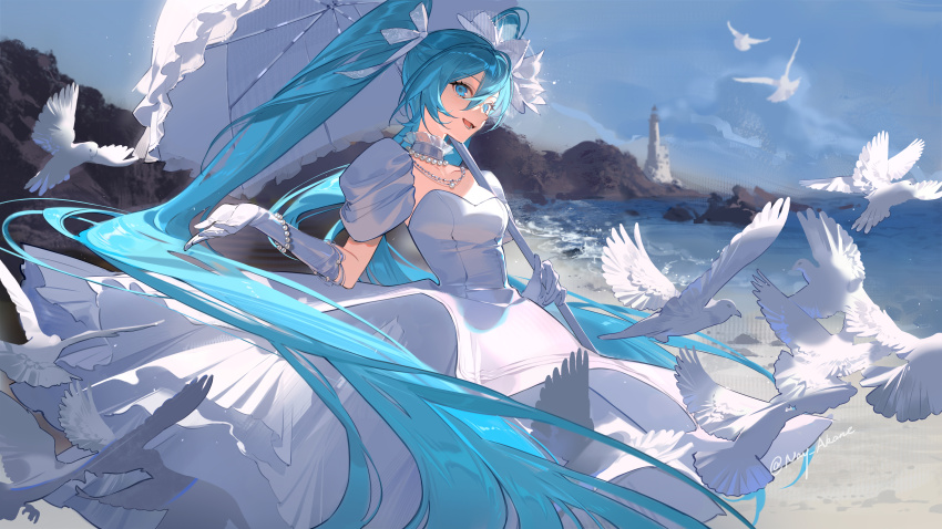 absurdly_long_hair absurdres aqua_eyes aqua_hair banned_artist bird commentary_request day dress elbow_gloves gloves hatsune_miku highres holding holding_umbrella jewelry long_hair nay_akane necklace outdoors parted_lips pearl_necklace pigeon twintails twitter_username umbrella very_long_hair vocaloid white_bird white_dress white_gloves white_umbrella