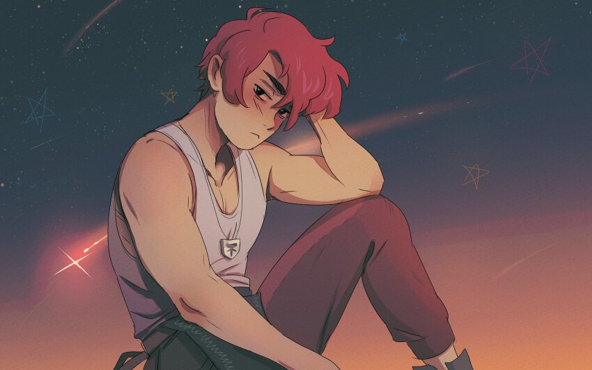 1boy absurdres arm_behind_head black_eyes blush closed_mouth commentary dusk english_commentary fields_of_mistria highres jewelry looking_at_viewer male_focus march_(fields_of_mistria) necklace night night_sky red_hair shirt shooting_star short_hair sitting sky sleeveless sleeveless_shirt solo star_(sky) toned toned_male white_shirt wishcraft