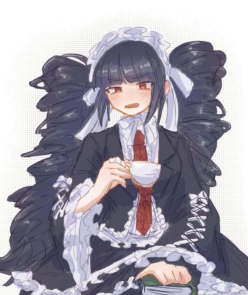 1girl black_hair black_jacket bonnet celestia_ludenberg cup danganronpa:_trigger_happy_havoc danganronpa_(series) drill_hair earrings frilled_jacket frills gothic_lolita headdress highres holding holding_cup jacket jewelry layered_skirt lolita_fashion long_hair long_sleeves necktie print_necktie ratto_(nutawo_ixi) red_eyes red_necktie shirt skirt solo twin_drills twintails white_background