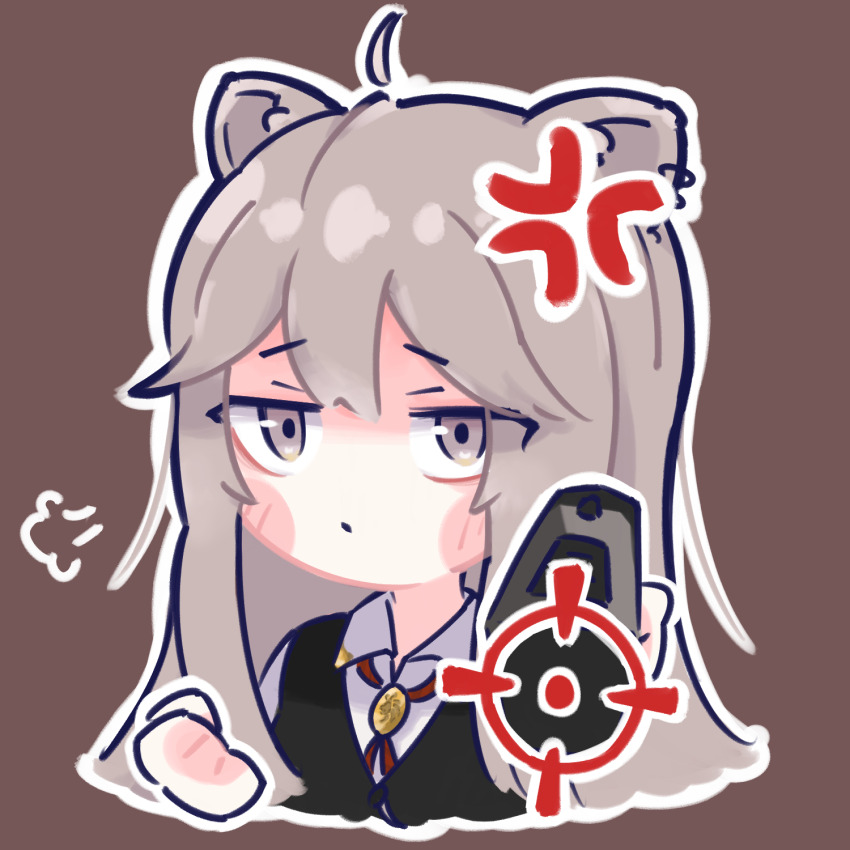 1girl ahoge aiming aiming_at_viewer anger_vein animal_ears black_vest blush_stickers bolo_tie brown_background chibi chibi_only clenched_hand closed_mouth collared_shirt dot_mouth endroll grey_eyes grey_hair gun hair_between_eyes highres holding holding_gun holding_weapon hololive lion_ears lion_girl long_hair looking_at_viewer portrait puff_of_air shirt shishiro_botan shishiro_botan_(button-down) simple_background solo upper_body vest virtual_youtuber waistcoat weapon white_shirt