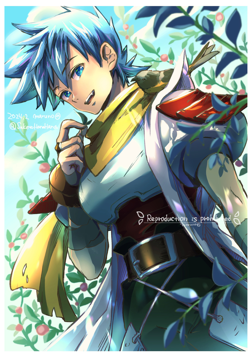 1boy absurdres animal animal_on_shoulder armor belt belt_buckle bird blue_eyes blue_hair border breath_of_fire breath_of_fire_iii buckle cowboy_shot dutch_angle green_pants highres holding holding_leaf leaf male_focus maruno pants puffy_short_sleeves puffy_sleeves ryu_(breath_of_fire_iii) scarf short_hair short_sleeves smile solo teeth upper_teeth_only watermark white_border yellow_scarf