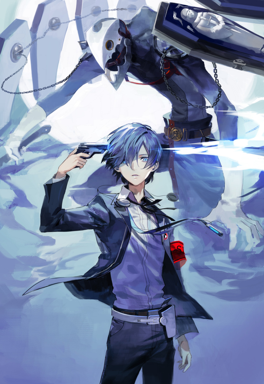 1boy absurdres belt black_jacket black_pants black_ribbon blazer blue_eyes blue_hair brown_belt collared_shirt ddinut digital_media_player evoker gekkoukan_high_school_uniform gun gun_to_head hair_over_one_eye headphones highres holding holding_gun holding_weapon holster jacket long_sleeves male_focus neck_ribbon pants persona persona_3 ribbon school_uniform shirt shirt_tucked_in short_hair thanatos_(persona) weapon white_shirt yuuki_makoto_(persona_3)