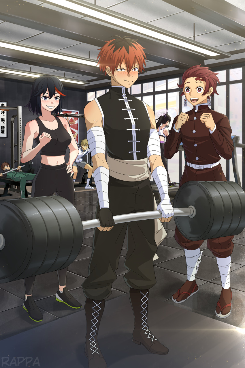 2girls 4boys absurdres artist_name belt black_footwear black_hair black_shirt blonde_hair blue_archive blush boku_no_hero_academia boots bow breasts brown_eyes brown_hair buruma character_request cheering commentary contemporary crop_top crossover deadlift earrings english_commentary exercising flip-flops green_jacket green_pants grey_eyes gym hair_between_eyes halo hand_on_own_hip highres indoors jacket jewelry kamado_tanjirou kill_la_kill kimetsu_no_yaiba kono_subarashii_sekai_ni_shukufuku_wo! long_hair long_sleeves matoi_ryuuko medium_breasts medium_hair mirko multicolored_hair multiple_boys multiple_crossover multiple_girls orange_eyes orange_hair pants purple_halo rappa_(sirrappa) red_bow sandals satou_kazuma scar scar_on_face scar_on_forehead shirt shoes short_hair sleeveless sleeveless_shirt smile sousou_no_frieren squatting stark_(sousou_no_frieren) streaked_hair sumire_(blue_archive) sweat sweatdrop track_jacket track_pants treadmill weightlifting white_belt