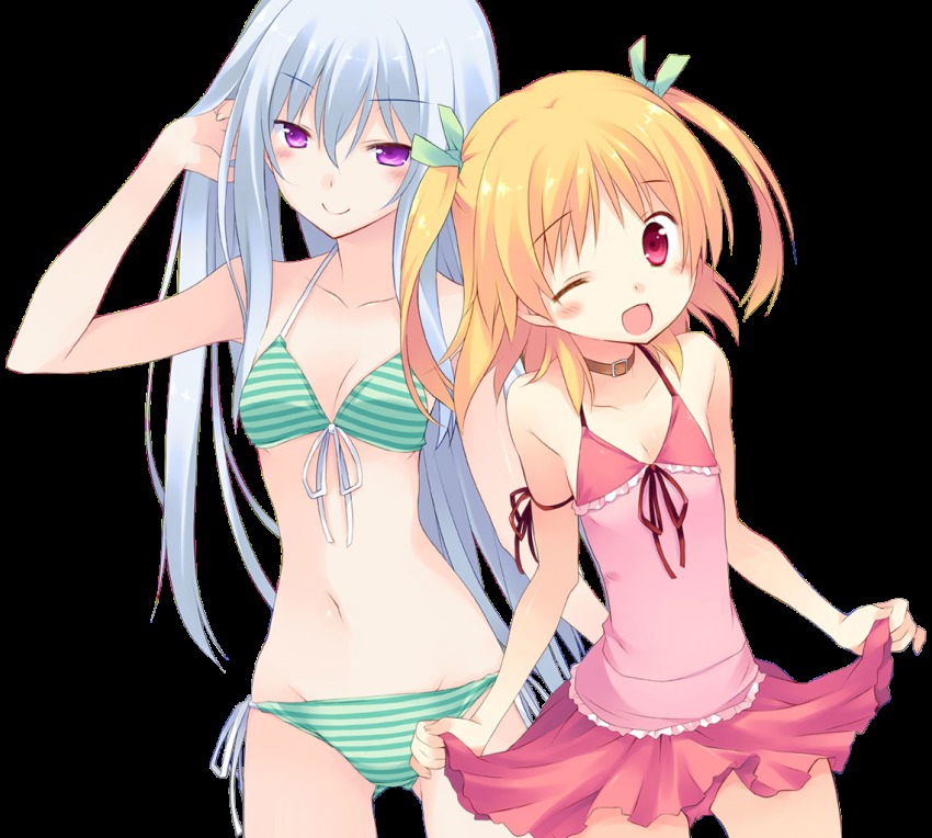 10s 2girls age_difference bikini blonde_hair casual_one-piece_swimsuit harusaki_chiwa long_hair multiple_girls natsukawa_masuzu one-piece_swimsuit one_eye_closed onee-loli open_mouth ore_no_kanojo_to_osananajimi_ga_shuraba_sugiru purple_eyes red_eyes silver_hair smile striped_bikini striped_clothes striped_one-piece_swimsuit swimsuit transparent_background yuri