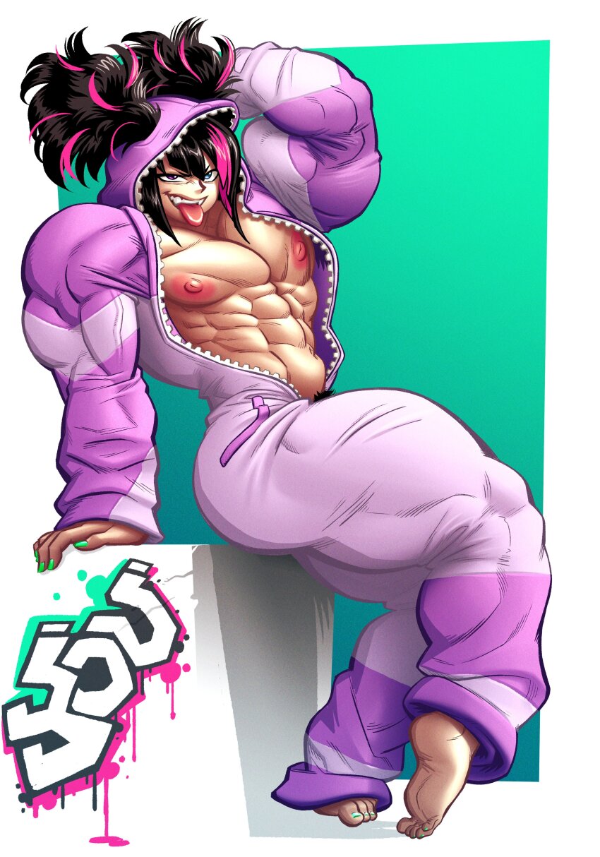 1girl abs absurdres alternate_muscle_size black_hair full_body green_nails han_juri highres hood hooded_pajamas looking_at_viewer multicolored_hair muscular_arms muscular_legs no_bra obliques official_alternate_costume pajamas pectorals purple_eyes purple_hair simple_background sitting solo street_fighter street_fighter_6 thick_thighs thighs tilingart tongue tongue_out twintails