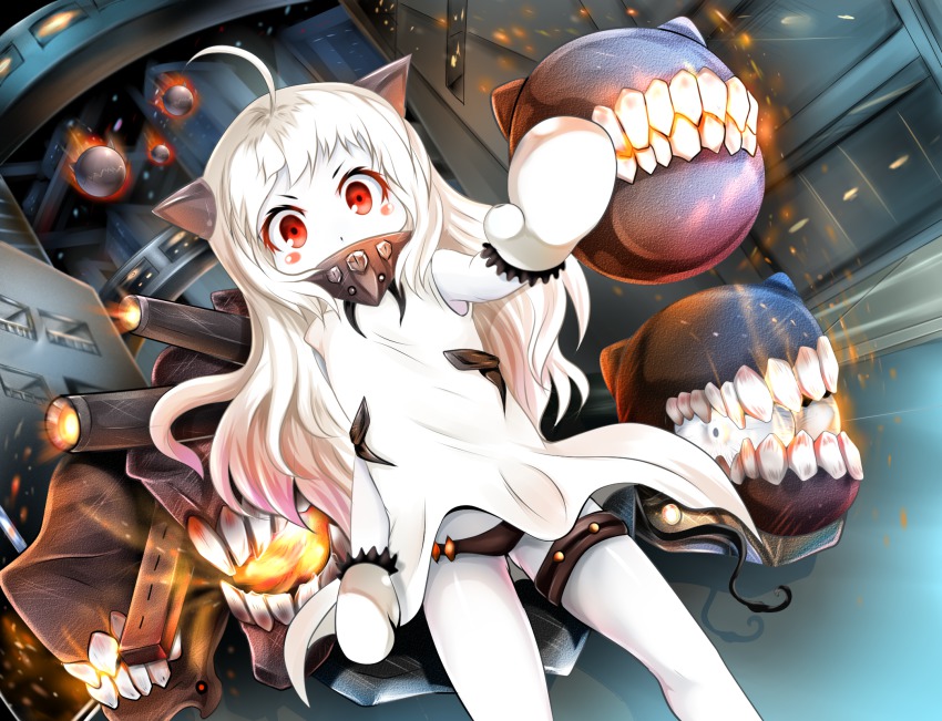 10s 1girl abyssal_ship ahoge blush_stickers colored_skin covered_mouth dress enemy_aircraft_(kancolle) female_focus highres horns k_kung kantai_collection long_hair looking_at_viewer machinery mittens northern_ocean_princess panties pantyshot red_eyes ship_turret solo standing underwear white_dress white_hair white_skin