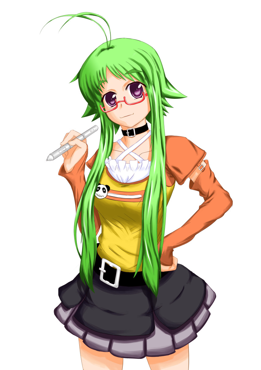 00s absurdres antenna_hair asu_no_yoichi bad_id bad_pixiv_id glasses green_hair hand_on_own_hip highres hip_focus ikaruga_chihaya purple_eyes short_hair_with_long_locks skirt solo