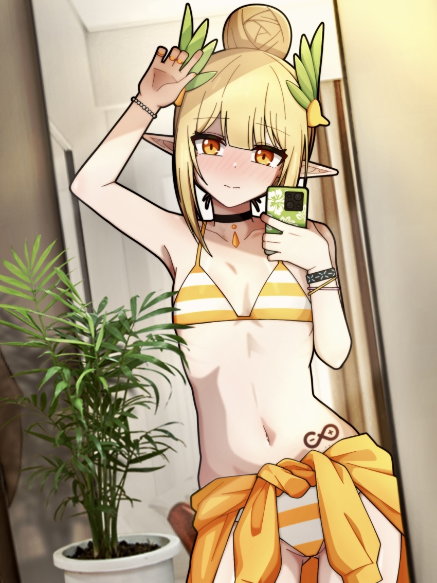 1girl arknights arm_up armpits bare_shoulders bikini black_choker blonde_hair blush bracelet cellphone choker clothes_around_waist collarbone commentary_request cowboy_shot elf embarrassed flat_chest gluteal_fold hair_bun hair_ornament highres holding holding_phone indoors infection_monitor_(arknights) jewelry leaf_hair_ornament looking_at_mirror looking_at_viewer manli medium_hair mirror muelsyse_(arknights) nail_polish navel nervous_smile nose_blush orange_bikini orange_eyes orange_nails partially_visible_vulva phone plant pointy_ears potted_plant rhine_lab_logo selfie sidelocks single_hair_bun smartphone smile solo stomach_tattoo striped_bikini striped_clothes swimsuit tattoo