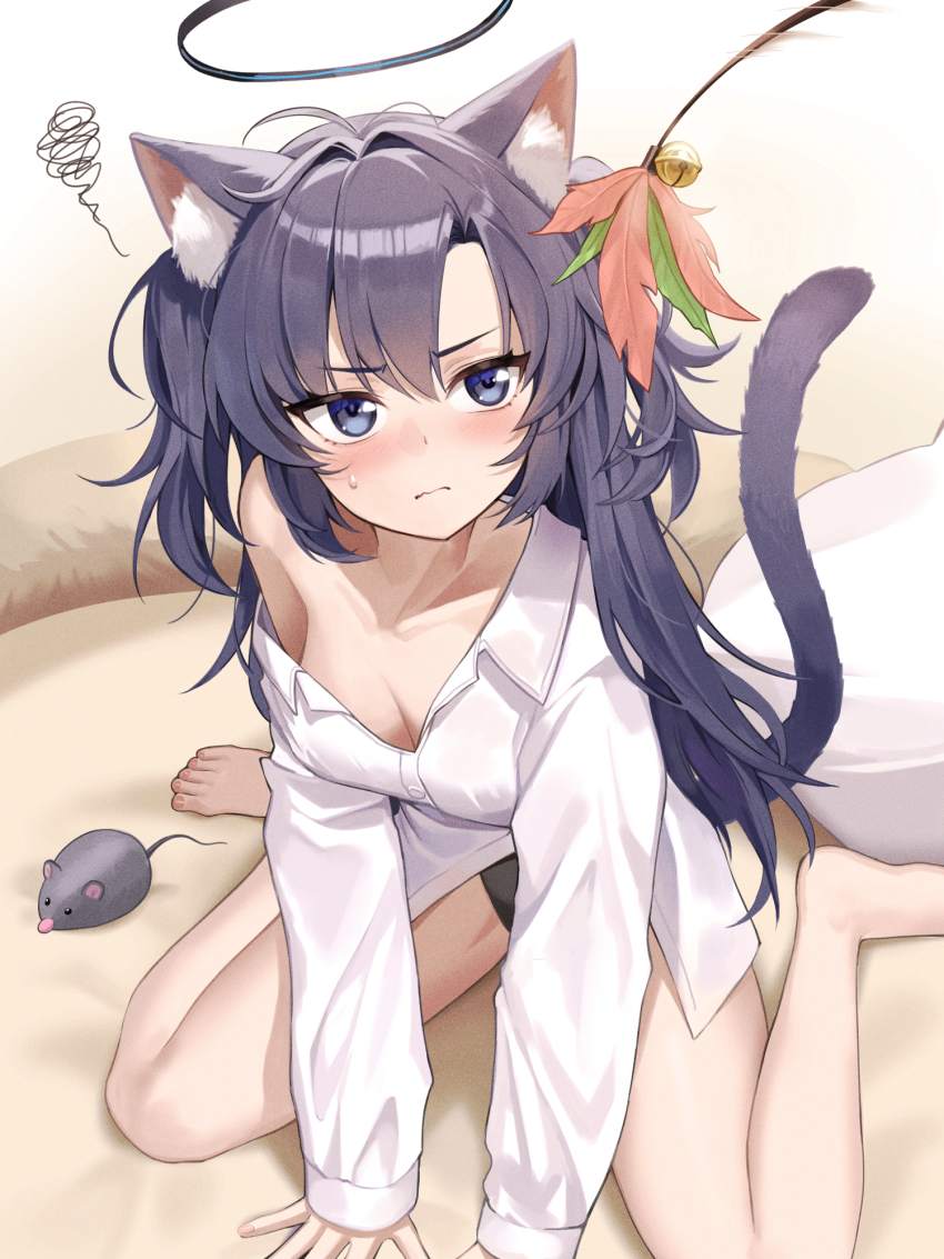 1girl alternate_costume animal_ears bare_legs barefoot black_halo black_panties blue_archive blue_eyes blush breasts cat_ears cat_tail cleavage ddungddang hair_between_eyes halo highres long_hair medium_breasts mouse_(animal) panties purple_hair sand seiza shirt single_bare_shoulder sitting solo sweatdrop tail underwear wariza white_shirt yuuka_(blue_archive)