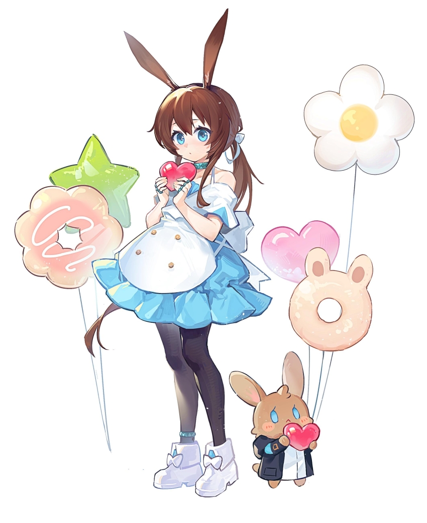 1girl absurdres amiya_(arknights) animal_ear_fluff animal_ears apron arknights balloon bare_shoulders black_jacket black_pantyhose blue_dress blue_eyes brown_hair collarbone commentary_request dress full_body hair_between_eyes heart heart_balloon highres holding jacket jewelry long_hair low_ponytail niko_(nikooo2016) open_clothes open_jacket pantyhose ponytail rabbit_ears ring shirt shoes simple_background solo standing star_balloon stuffed_animal stuffed_rabbit stuffed_toy very_long_hair white_apron white_background white_footwear white_shirt