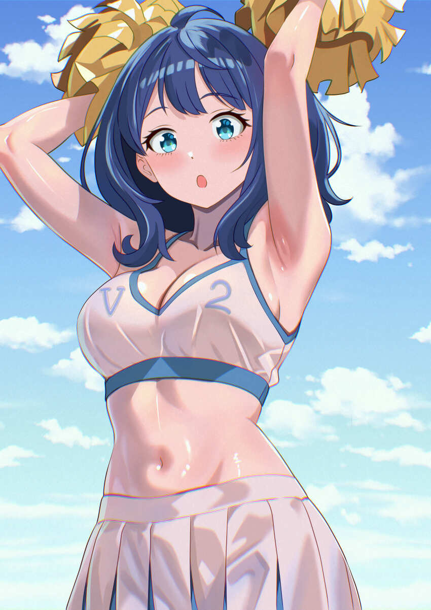 1girl :o absurdres ahoge alternate_costume armpits arms_up blue_eyes blue_hair blue_sky breasts cheerleader cleavage cloud commentary_request crop_top highres holding holding_pom_poms kousan large_breasts looking_at_viewer make_heroine_ga_oo_sugiru! midriff navel open_mouth pleated_skirt pom_pom_(cheerleading) pom_poms skirt sky solo white_skirt yanami_anna