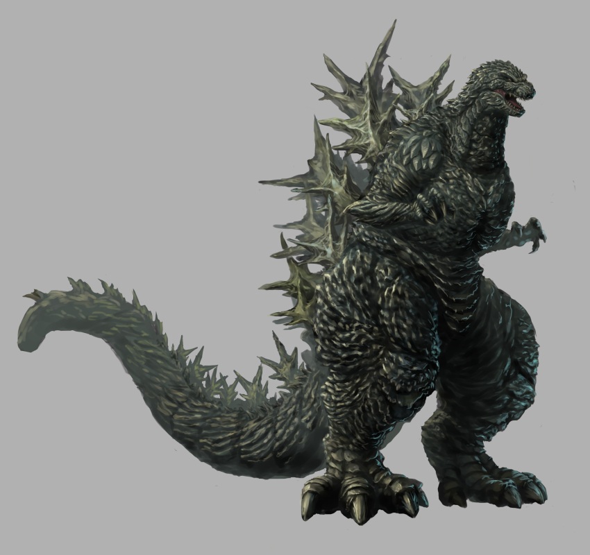 absurdres claws dinosaur full_body giant giant_monster godzilla godzilla_(series) godzilla_minus_one grey_background highres kaiju monster no_humans open_mouth sea_monster sharp_teeth spikes tail teeth toho tongue ultra-taf white_background yellow_eyes