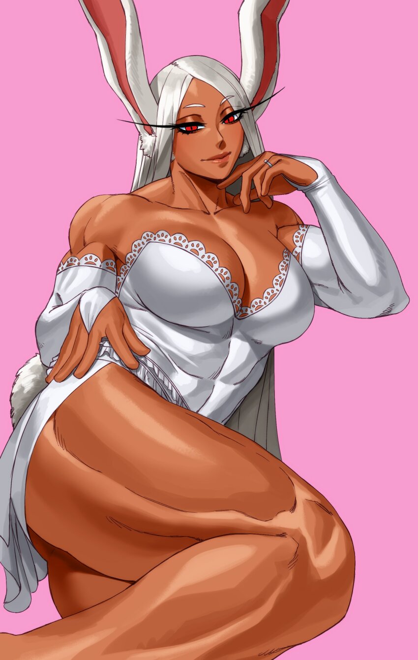 1girl absurdres animal_ears bare_shoulders boku_no_hero_academia breasts bridal_gauntlets cleavage clothing_cutout collarbone commission covered_abs dark-skinned_female dark_skin dress finger_to_own_chin gloves hand_on_own_hip highres jewelry knee_up large_breasts long_eyelashes long_hair looking_at_viewer mirko muscular muscular_female parted_bangs pink_background rabbit_ears rabbit_girl rabbit_tail red_eyes ring solo sotcho tail tail_through_clothes thick_thighs thighs very_long_hair white_dress white_gloves white_hair