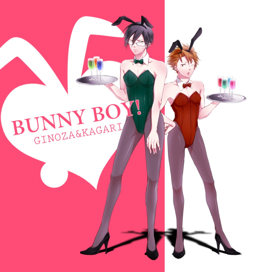 10s 2boys animal_ears bad_id bad_pixiv_id black_hair bow bowtie brown_hair crossdressing detached_collar fake_animal_ears ginoza_nobuchika glasses highres kagari_shuusei leotard male_focus male_playboy_bunny multiple_boys pantyhose playboy_bunny psycho-pass rabbit_ears short_hair strapless tray uwabaki_(shoe_rack)