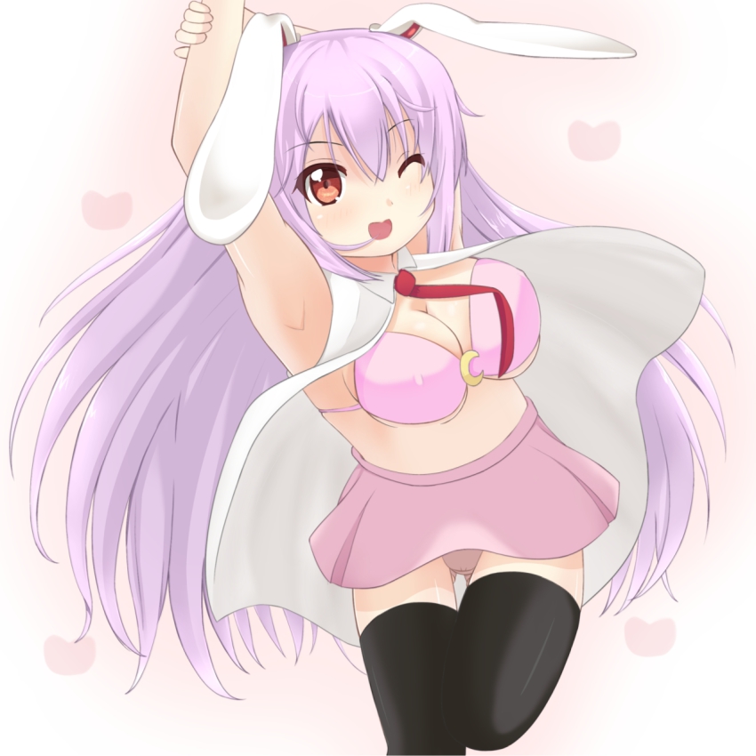 1girl animal_ears aoba_senkiri armpits arms_up bad_id bad_pixiv_id black_thighhighs blush bra breasts chimunge cleavage covered_erect_nipples dress_shirt female_focus highres large_breasts light_purple_hair lingerie long_hair midriff miniskirt necktie one_eye_closed open_clothes open_shirt orange_eyes panties pantyshot pink_bra rabbit_ears red_necktie reisen_udongein_inaba shirt skirt smile solo stretching thighhighs touhou underwear upskirt very_long_hair zettai_ryouiki