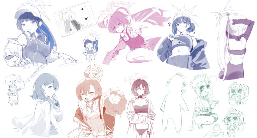 1boy 6+girls ? absurdres ahoge ako_(blue_archive) animal_ears atsuko_(blue_archive) baseball_cap bikini blue_archive braid breasts bulletproof_vest chibi choker collarbone cropped_legs dj doodle_sensei_(blue_archive) eyewear_on_head firing_at_viewer gun halo hat heterochromia highres hiyori_(blue_archive) holding holding_gun holding_own_arm holding_weapon hoshino_(armed)_(blue_archive) large_breasts long_hair long_sleeves looking_at_viewer midriff millennium_cheerleader_outfit_(blue_archive) multiple_girls navel neru_(blue_archive) official_alternate_costume one_eye_closed pom_pom_(cheerleading) pyytato saori_(blue_archive) saori_(swimsuit)_(blue_archive) sensei_(blue_archive) shiroko_(blue_archive) shiroko_terror_(blue_archive) short_hair shotgun side_ponytail sidelocks single_braid single_off_shoulder small_breasts small_sweatdrop squatting swimsuit tying_hair underboob weapon white_background zozotown