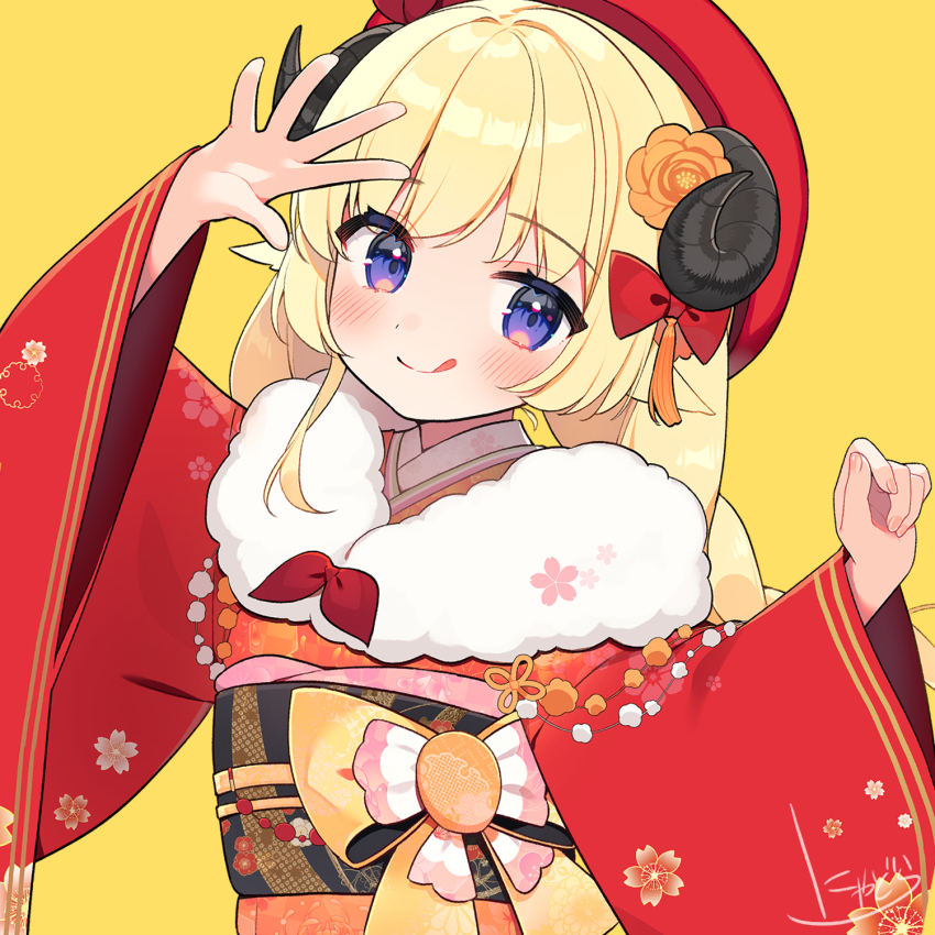 :q animal_ears beret black_horns black_sash blonde_hair blush bow floral_print floral_print_kimono flower fur_scarf hair_bow hair_flower hair_ornament hand_up hat highres hololive horns japanese_clothes kimono nyasunyadoora obi purple_eyes red_bow red_kimono sash sheep_ears sheep_girl sheep_horns simple_background tassel tongue tongue_out tsunomaki_watame tsunomaki_watame_(new_year) wide_sleeves yellow_background yellow_bow