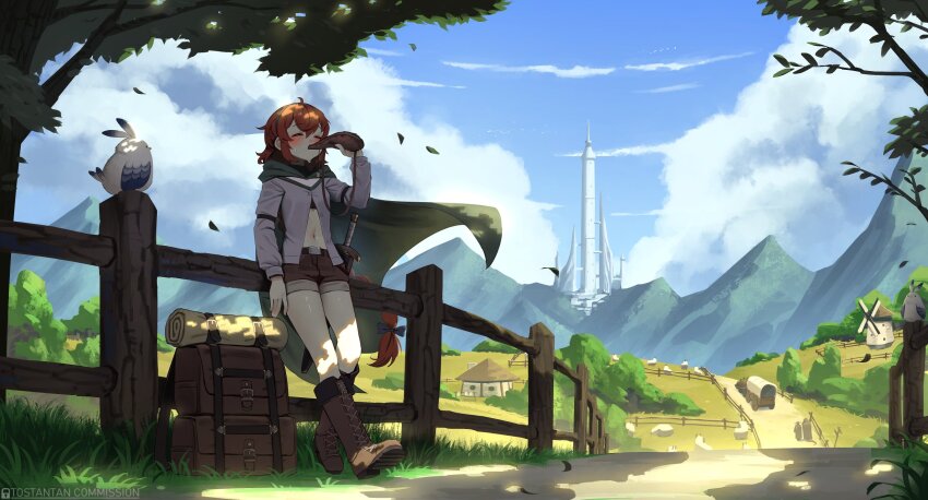 1girl ahoge backpack bag bird blush boots bow braid breasts cloak closed_eyes cloud cloudy_sky commentary commission drink english_commentary fantasy grass hair_bow highres hood hood_down hooded_cloak house long_hair mountain navel orange_hair original railing road shadow sheep shorts single_braid sky small_breasts sweat tostantan tower tree very_long_hair wagon wind wind_lift windmill