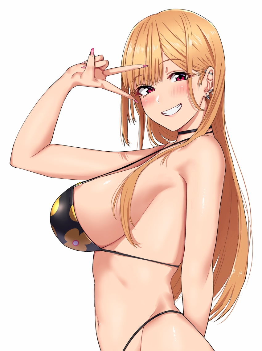 1girl :d absurdres arm_behind_back arm_up bare_shoulders bikini black_bikini black_choker blonde_hair blush bouhatei_(t-back) breasts choker ear_piercing fingernails floral_print from_side grin highres kitagawa_marin large_breasts long_fingernails long_hair looking_at_viewer looking_to_the_side nail_polish open_mouth parted_lips piercing pink_nails print_bikini red_eyes revision sideboob simple_background smile solo sono_bisque_doll_wa_koi_wo_suru strap_gap swimsuit v very_long_hair white_background