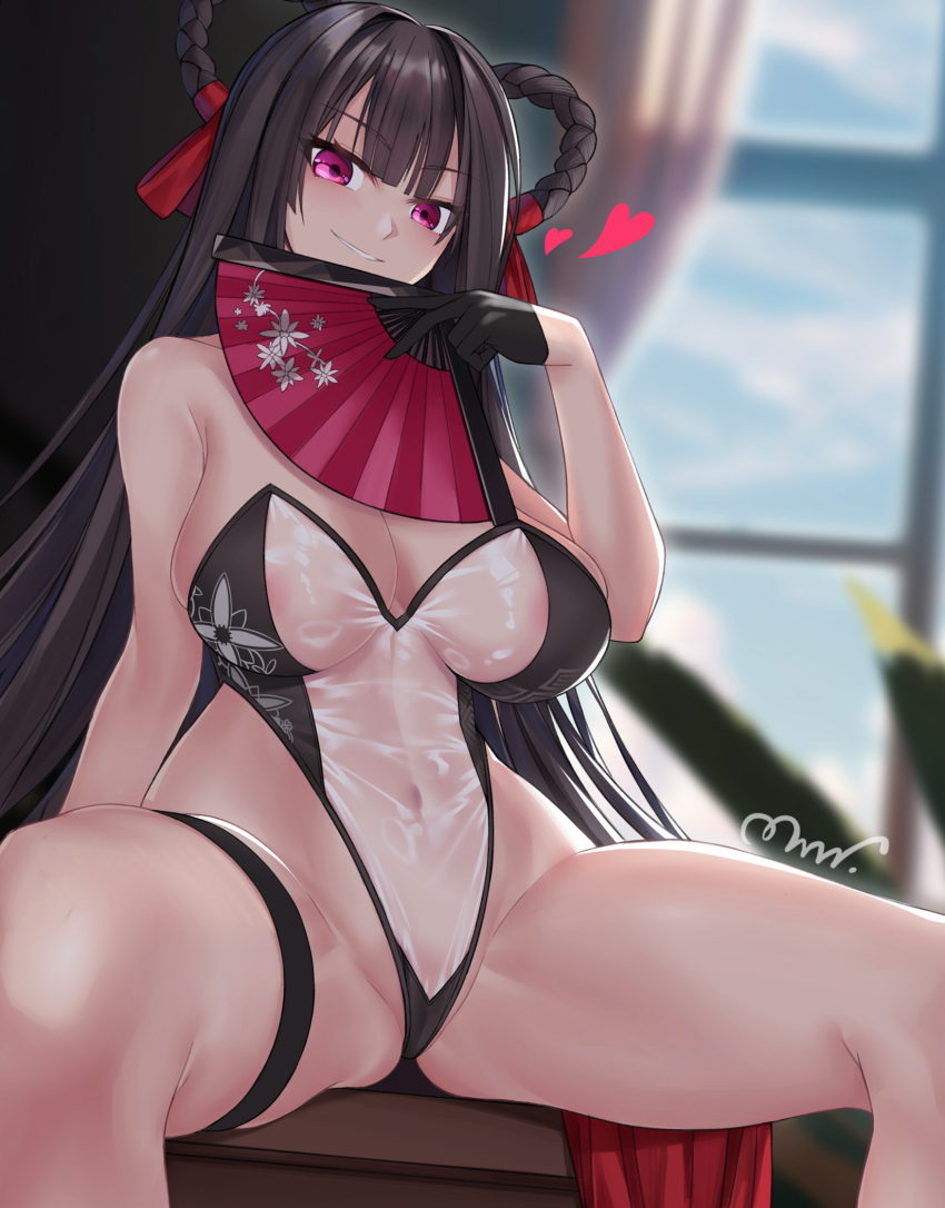 areola_slip bare_shoulders black_gloves black_leotard braid braided_hair_rings breasts brown_hair folding_fan gloves goddess_of_victory:_nikke grin hair_ribbon hair_rings half_gloves hand_fan heart highres holding holding_fan large_breasts leotard light_blush long_hair looking_at_viewer mrnn pink_eyes red_ribbon ribbon see-through_clothes see-through_leotard signature sitting smile spread_legs thigh_strap thighs yan_(nikke)