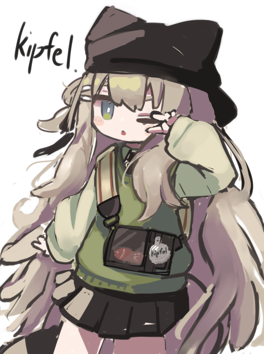 1girl ;o animal_ears animal_hat bag beanie black_hat black_skirt blush_stickers brown_hair character_name chestnut_mouth cowboy_shot green_eyes green_shirt green_sweater hair_ornament hairclip hand_up hat highres kipfel_(vrchat) long_hair long_sleeves looking_at_viewer mochiyama_kingyo one_eye_closed open_mouth parted_lips pleated_skirt puffy_long_sleeves puffy_sleeves shirt shoulder_bag simple_background sketch skirt sleeves_past_wrists solo sweater tail triangle_mouth trim082 v v_over_eye very_long_hair vrchat white_background