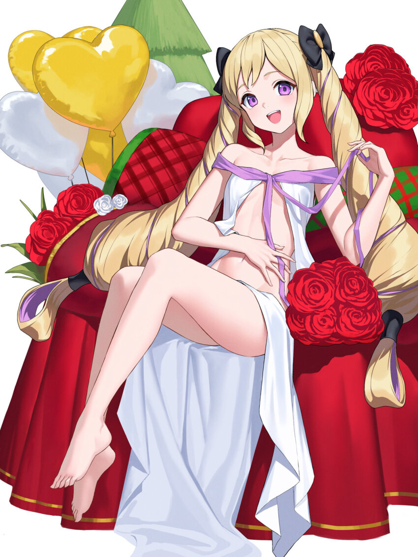 1girl alternate_costume balloon bare_legs barefoot chair commission dhokidoki drill_hair elise_(fire_emblem) fire_emblem fire_emblem_fates flat_chest heart_balloon highres long_hair multicolored_hair nintendo open_mouth purple_eyes purple_hair second-party_source smile solo streaked_hair twin_drills