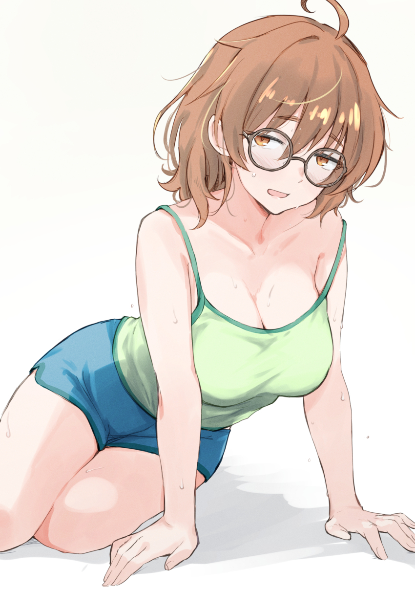 1girl ahoge aqua_shorts araki_hina arm_support bare_arms bare_legs bare_shoulders blush breasts brown_hair camisole cleavage collarbone commentary_request glasses green_camisole grey-framed_eyewear highres idolmaster idolmaster_cinderella_girls large_breasts looking_at_viewer round_eyewear short_shorts shorts simple_background solo strap_slip sweat thighs unu_(unucence) white_background