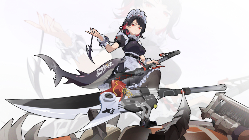 1girl absurdres black_hair black_outline black_pantyhose breasts colored_inner_hair covered_erect_nipples ear_cuffs ellen_joe fins fish_tail frilled_wristband from_below hair_ornament highres holding holding_weapon jewelry large_breasts looking_at_viewer maid maid_headdress metal_hairband mole mole_on_arm mole_under_eye multicolored_hair natsuko_iman outline pantyhose red_eyes red_hair red_nails scar scar_on_tail shark_girl shark_tail shoes short_hair simple_background solo spiked_headband spring_(object) standing stepped_on tail two-tone_hair weapon white_background zenless_zone_zero