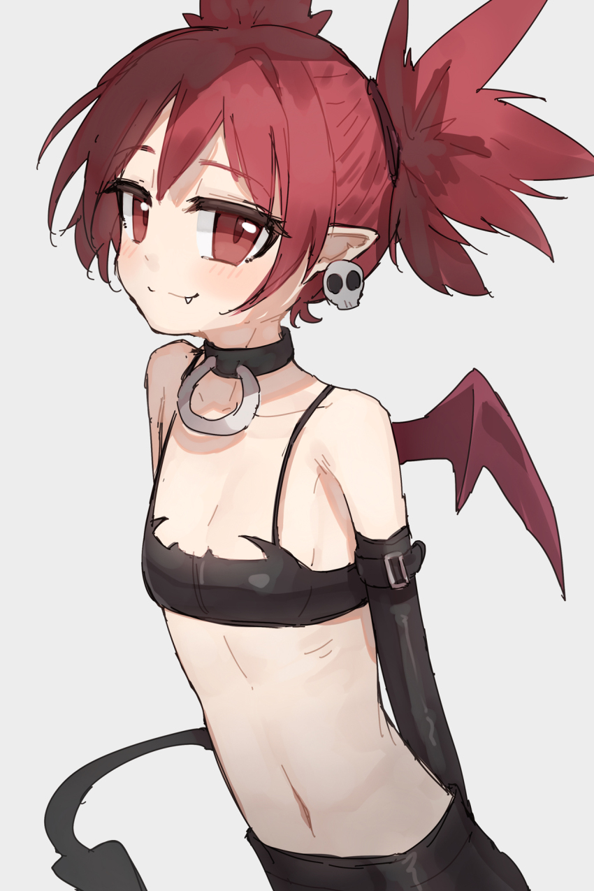 1girl blush choker crop_top demon_girl demon_tail disgaea earrings etna_(disgaea) fang flat_chest highres jewelry looking_at_viewer makai_senki_disgaea navel o-ring o-ring_choker pointy_ears red_eyes red_hair shone sketch skirt skull_earrings smile solo tail upper_body