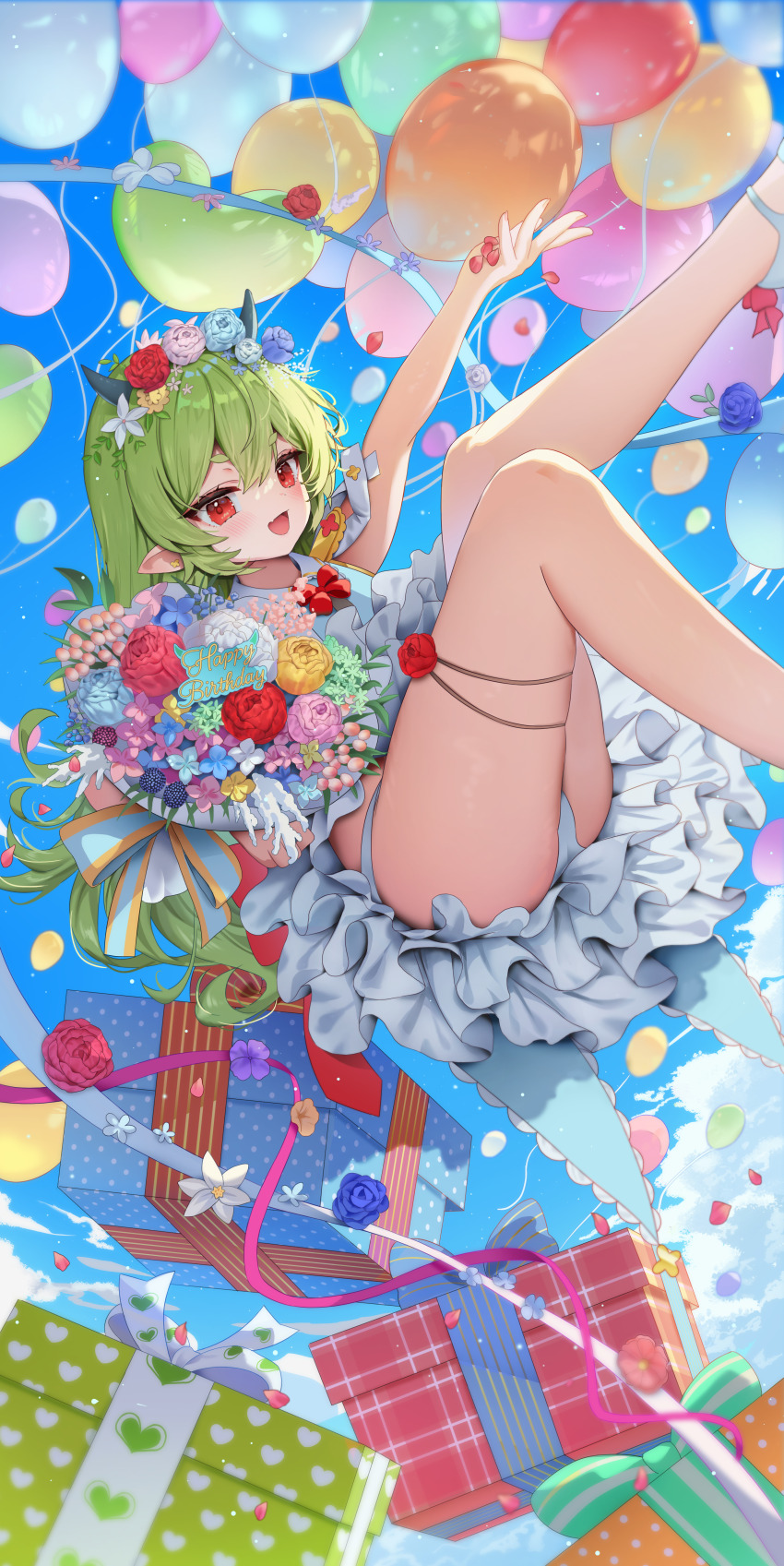 1girl absurdres arme_(cgsy7484) balloon blue_sky blush bouquet box cloud commentary_request commission dress falling_petals fang flower frilled_dress frills gift gift_box green_hair hair_flower hair_ornament happy_birthday highres holding holding_bouquet horns legs long_hair looking_at_viewer midair open_mouth original panties petals pink_flower pink_ribbon pointy_ears red_eyes red_flower ribbon skin_fang sky smile solo thigh_strap thighs underwear white_dress white_panties yellow_flower