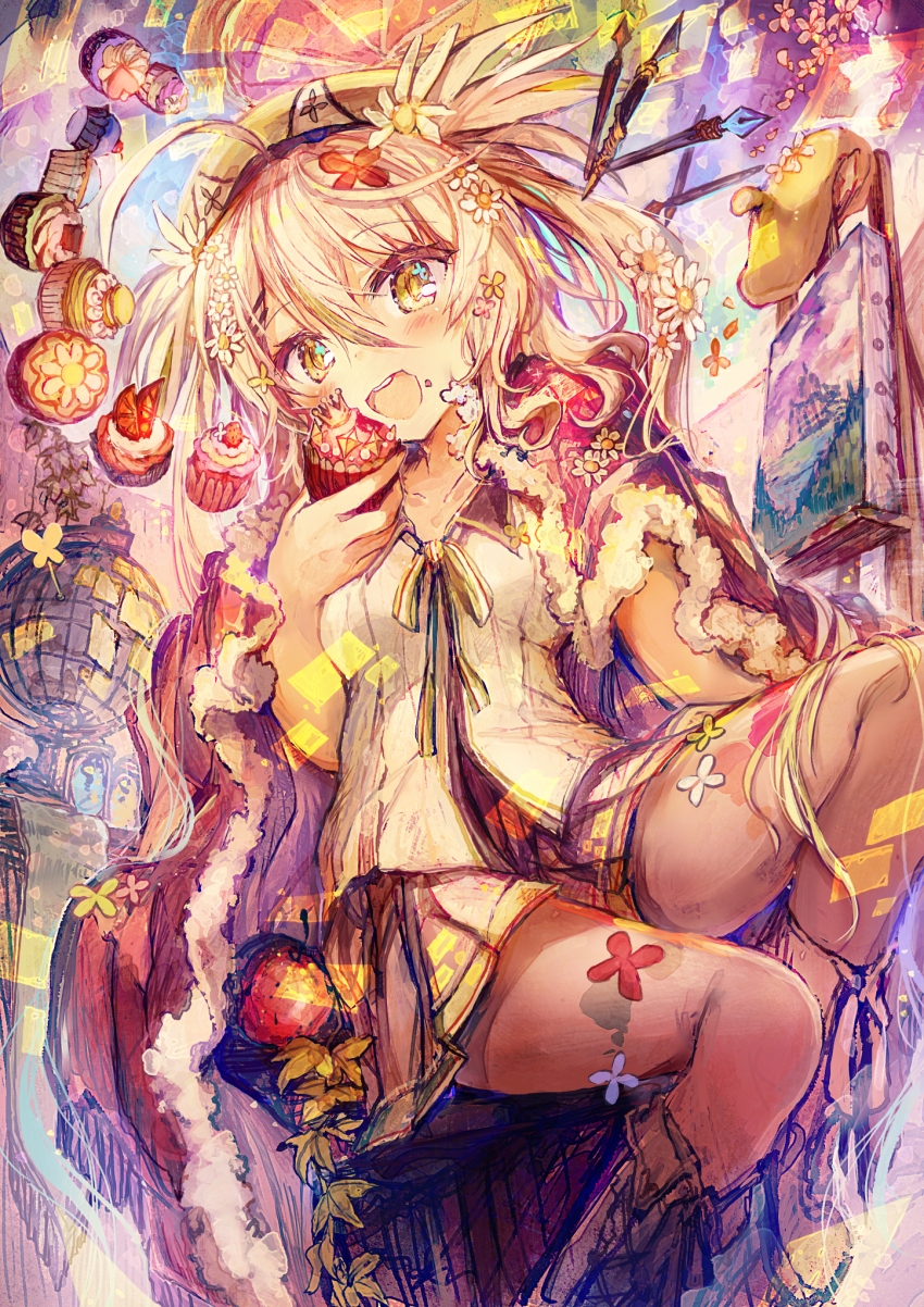 1girl :d ahoge apple beret blonde_hair boots camomi camomi_camomi canvas_(object) cape check_commentary cherry chocolate collarbone collared_shirt commentary_request crown cupcake floral_print flower food fruit globe hair_flower hair_ornament hat highres indie_virtual_youtuber leaf long_hair nanashi_inc. open_mouth painting_(object) pen self-portrait shirt sitting skirt smile solo teeth twintails v_ap_art virtual_youtuber yellow_eyes yellow_skirt