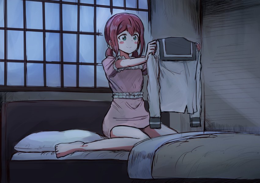 10s 1girl aqua_eyes barefoot bed blush_stickers commentary_request dark female_focus frills greymon_(nodoame1215) highres holding holding_unworn_clothes indoors kurosawa_ruby love_live! love_live!_sunshine!! night nightgown on_bed pajamas pillow pink_pajamas red_hair school_uniform scrunchie serafuku sitting smile solo twintails unworn_clothes wariza white_scrunchie window